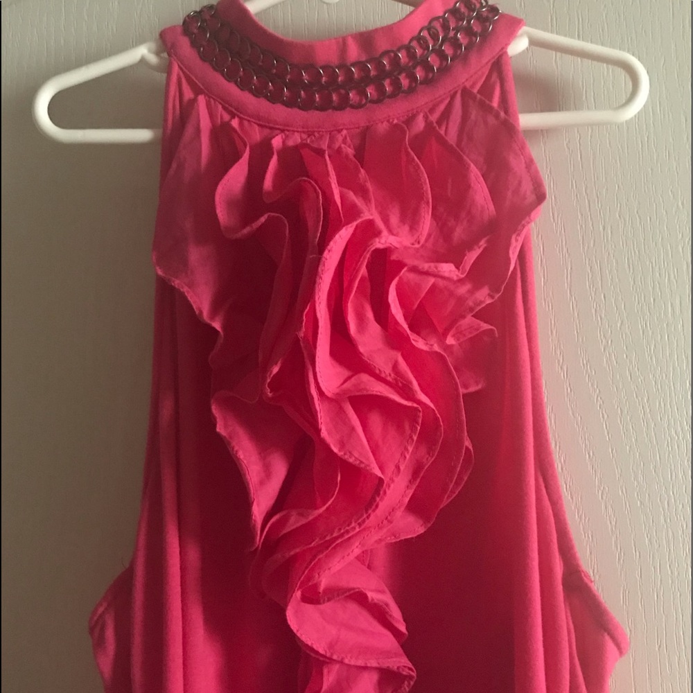 Beautiful pink top with a ruffle front &chain neck